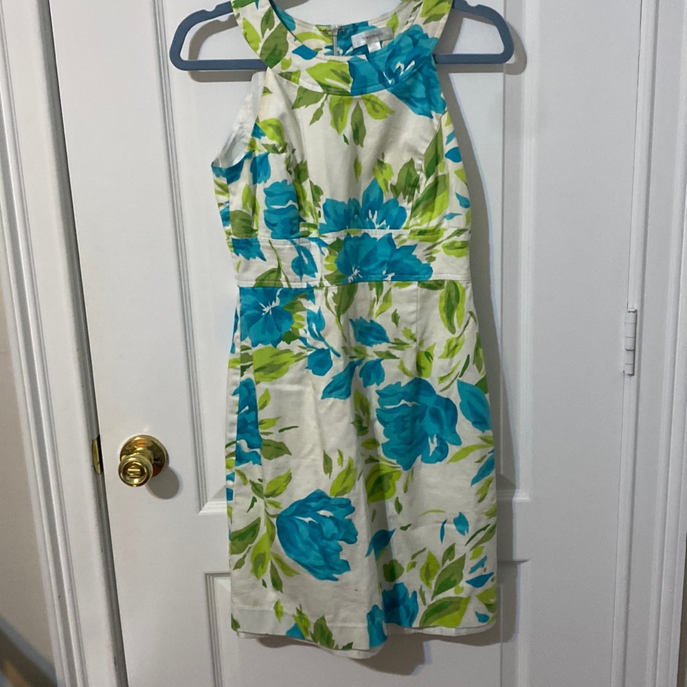 Dress barn sz 4 floral dress with zipper back turquoise white and green floral